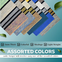 Assorted colored samples of flooring material on a blue background with text highlighting features.