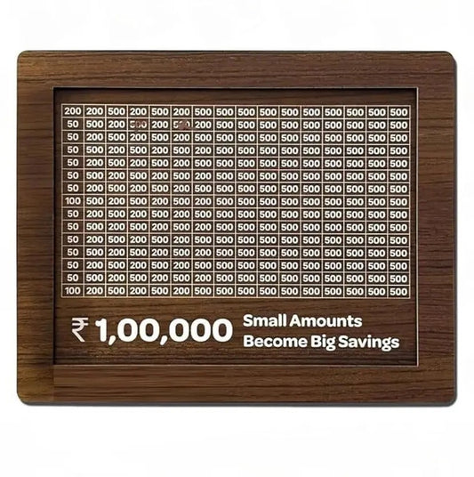 Wooden savings tracker with ₹1,00,000 displayed on a white background