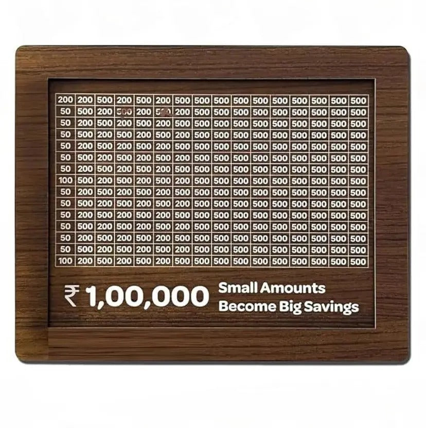 Wooden savings tracker with ₹1,00,000 displayed on a white background